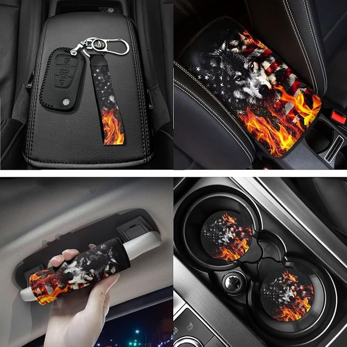 USA Flag Flame Wolf Car Interior Accessories Set of 18, Car Seat Covers Full Set with Floor Mats Steering Wheel Cover Shoulder Pads Roof Gloves Armrest Pad Cover Cup Coaster Keychains