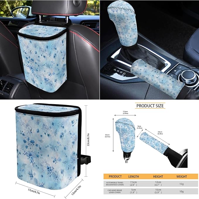14 Pcs Floral Car Seat Covers Full Set Car Trash Can Coaster Seat Center Console Keychain Gear Lever and Handbrake Steering Wheel Seat Belt Covers/Ocean Mist