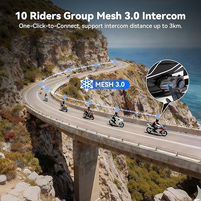 XGP X10 10 Riders Group Mesh Motorcycle Intercom, 3000m Motorcycle Bluetooth Headset V5.3 with Audio Multitasking/Music Sharing, Helmet Communication Systems for ATV/Snowmobile/Ski,1 Pack
