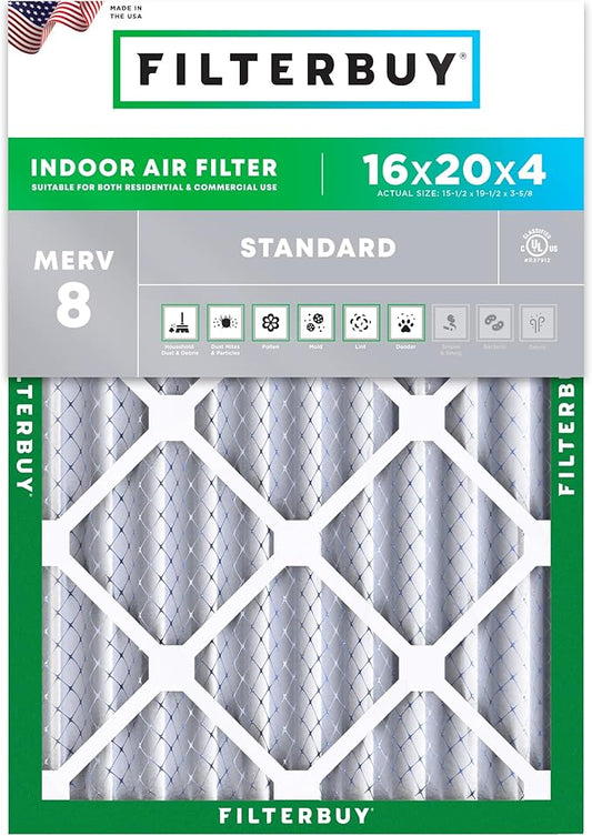 Filterbuy 16x20x4 Air Filter MERV 8 Essential Dust & Allergy Defense (1-Pack), Electrostatic Pleated HVAC AC Furnace Filters Replacement (Actual Size: 15.50 x 19.50 x 3.63)