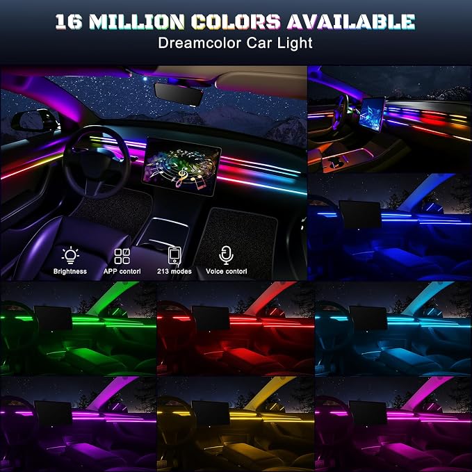 Dreamcolor Acrylic Interior Car LED Strip Light with USB/Type C/4-Port Cigarette Lighter, RGB 2 in 1 with 86.6 inches LEDs Ambient Lighting Kits, Sound Active Function Neon Led Strips for Car