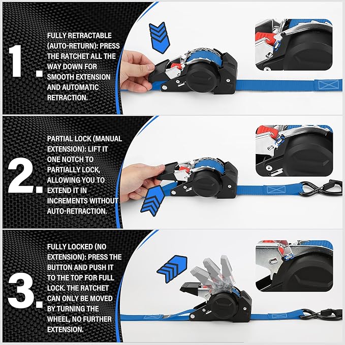 Retractable Ratchet Straps, 1763lb Break Strength Blue Self Retracting Ratchet Straps Heavy Duty with Soft Loops, 1'' x 10FT Auto Tie Down Straps Easy Retract for Motorcycle, Truck, Cargo, 2 Pack