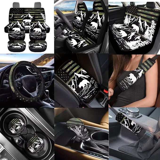Dreaweet Car Seat Covers Full Set American Flag Mountains Bear Design Seat Covers for Truck SUV Cars with Steering Wheel Cover/Armrest Cover/Seatbelt Covers/Car Coasters/Gear Shift Cover,12 Pcs Set