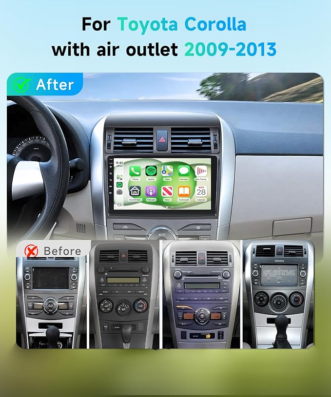4Core 4G+64G Android 15 Car Radio for Toyota Corolla 2009-2013, 5G-WiFi, Car Stereo Wireless Carplay, Rimoody 9'' HD Touchscreen Mirror Link GPS Navigation Bluetooth FM/RDS EQ-32 SWC Backup Camera