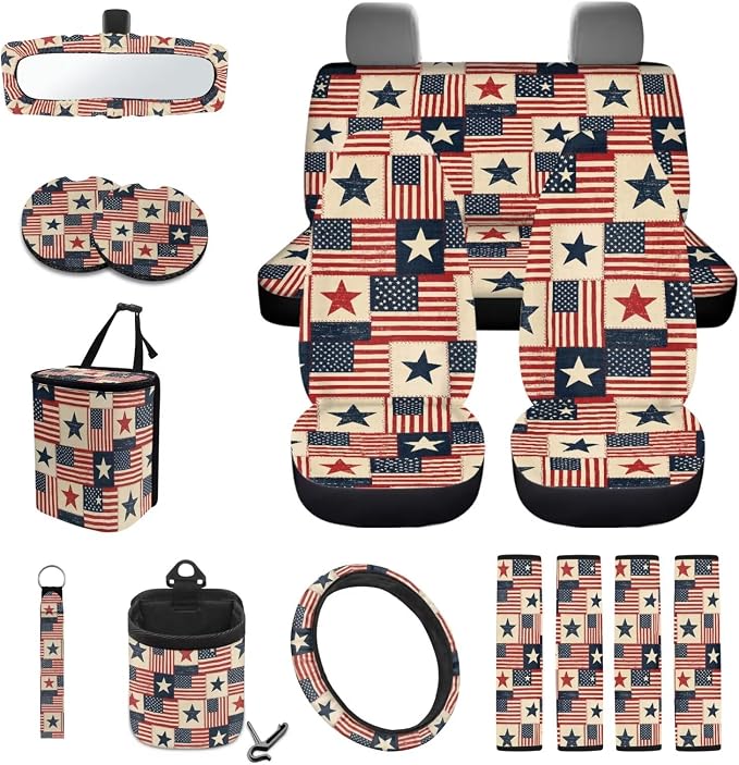 Wanyint Car Seat Cover Set 15 Pack, with Steering Wheel Seat Belt Strap Rearview Mirror Cover Garbage Cans Air Vent Pouch Coasters Keychain July 4th Patriotic Auto Decor, Vintage US Flag Patchwork