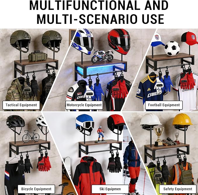 Helmet Rack Wall Mount, Motorcycle Helmet Holder Plate Rack Display Organizer with 4 Glove Clips, Helmet Rack with RGB Lights Strip