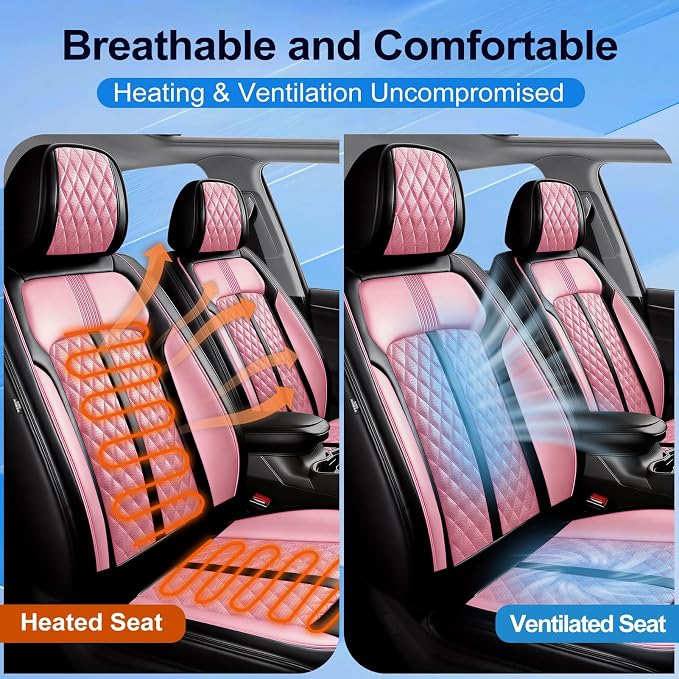 Fit XT6 Car Seat Covers for Select Cadillac XT6 2020-2025 - Premium Full Coverage Leather, Airbag Compatible & Scratch-Resistant, Waterproof & All Weather Seat Protector, Full Set, Black+Pink