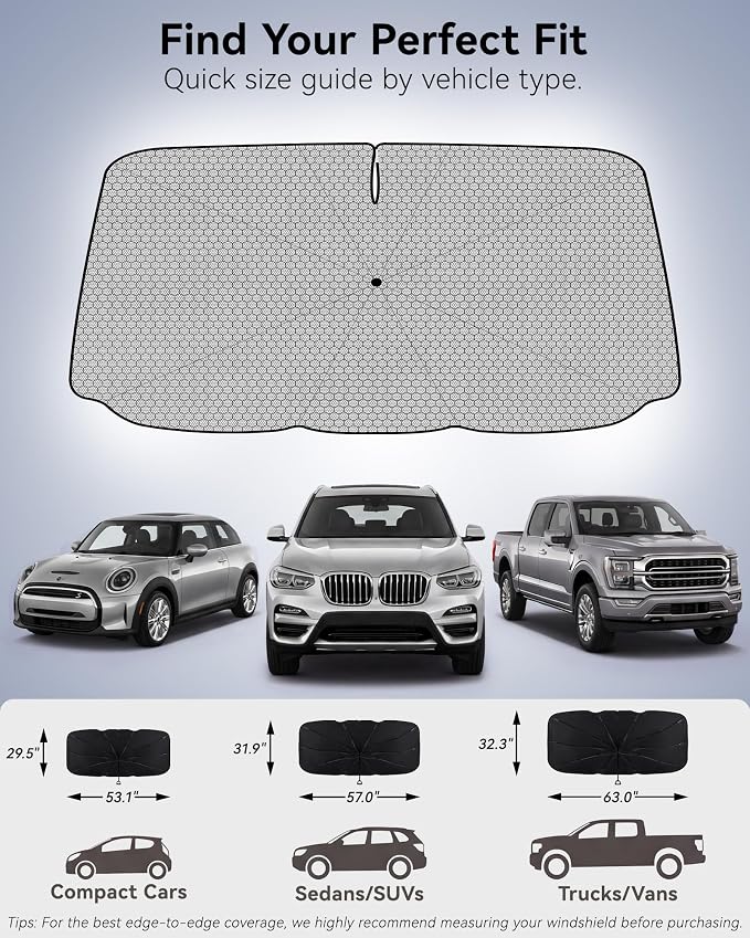 3W Windshield Sun Shade Umbrella, Small 53.1" x 29.5" – Graphene Coating Heat Shield, Spring Structure Edge – Protect Car Interior from Sun Rays & Heat Damage, Keep Cool
