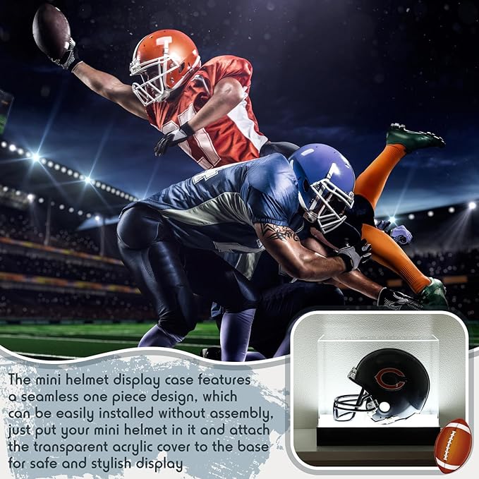 Chunful Acrylic Mini Helmet Display Case with LED Light 7.5 Inch Clear Adjustable Brightness 1/2 Football Baseball Helmet Showcase One-Piece Without Assembly UV Protection Gift for Sports Enthusiast