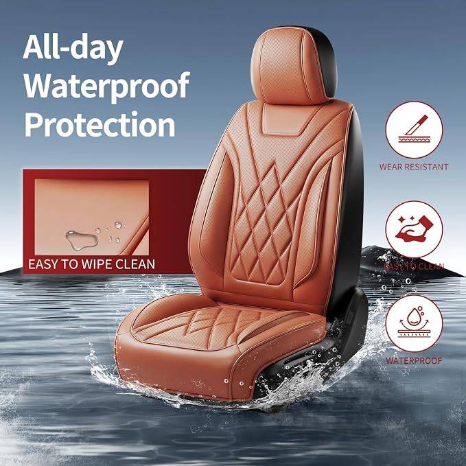 Car Seat Covers Compatible with Ford Focus 2009-2018 - Waterproof & Breathable Luxury Leather All-Weather Seat Cushions Protectors, Airbag Compatible, Only 2 Front seat Covers (Brown)