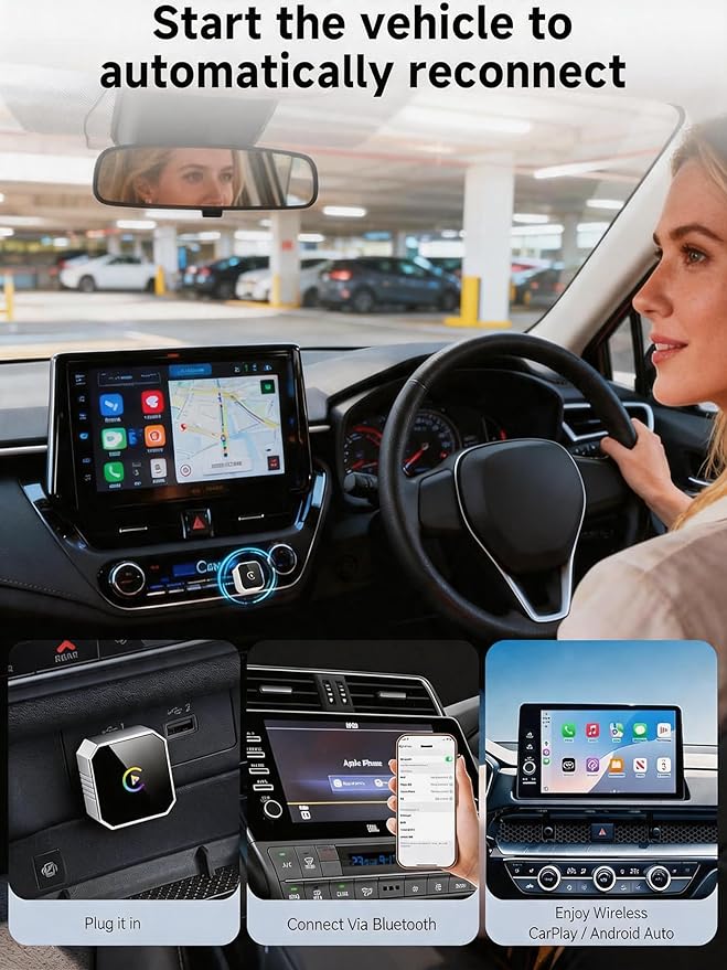 2026 Mini Wireless CarPlay Adapter Upgrade Wired to Wireless for CarPlay & Android Auto Plug and Play Fast Auto-Reconnect Stable Control Zero Delay for iPhone iOS 10+ & Android 11+