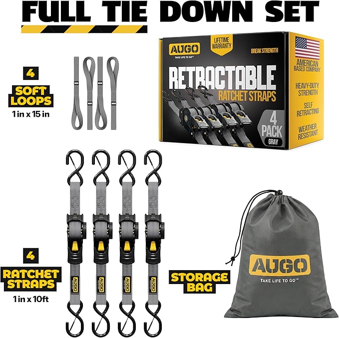 AUGO Retractable Ratchet Straps – 1" x 10' – 1200Lb Breakstrength – 4 Heavy Duty Self Retracting Tie Downs with Safety Lock S Hooks, Soft Loops & Storage Bag – for Motorcycle,Tree Stand,Bed,Boat,Cargo