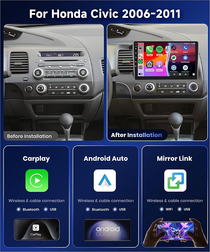 4G 64G Car Stereo for Honda Civic 2006-2011 Radio with 10.1inch 1280x720 Touch Screen AI Radio DSP 32EQ Wireless Carplay Android Auto Bluetooth 5.0 GPS FM/RDS 5G WiFi MirrorLink AHD Backup Camera