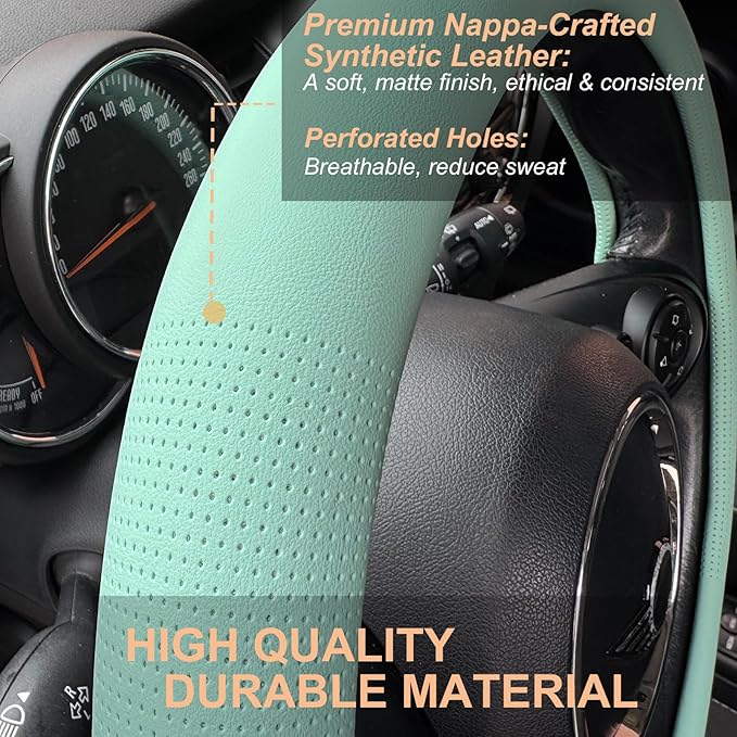 PINCTROT Large Size Nappa Leather Steering Wheel Cover, Slim Fit No Bulk Design, One Piece Leather with Breathable Perforation, Fit Like Gloves, 15.5-15.75 Inch(Nappa Mint)