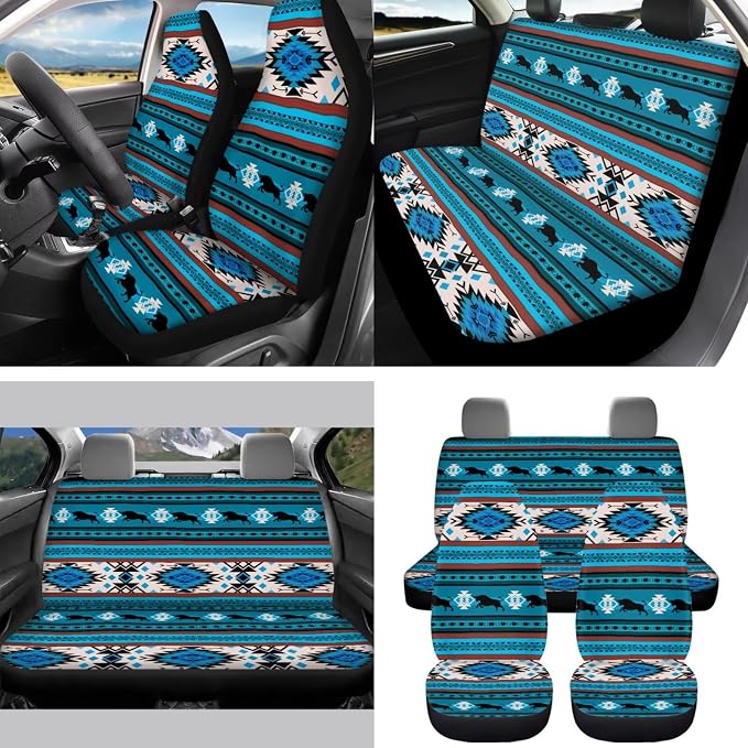 Blue Tribal Horse Car Seat Covers Set of 15 with Universal Steering Wheel Cover, Rearview Mirror Cover, Car Trash Can, Seatbelt Pads, Cup Holder Coasters, Keychains