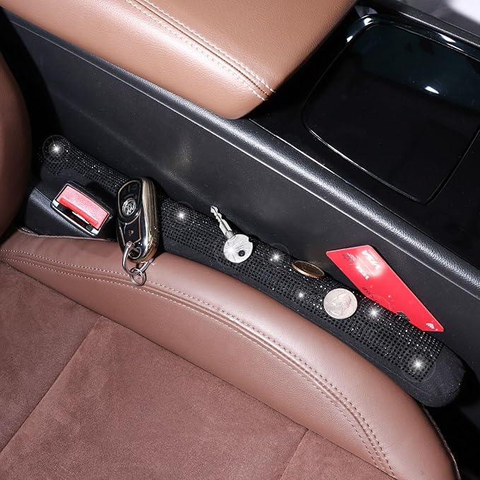 ToBeQueen Car Seat Gap Filler Black, Bling Car Accessories for Women Universal Fit for Car Truck SUV, 2 Pack Handmade Crystal Rhinestone Diamond Seat Gap Blocker Stop Things from Dropping(Black)