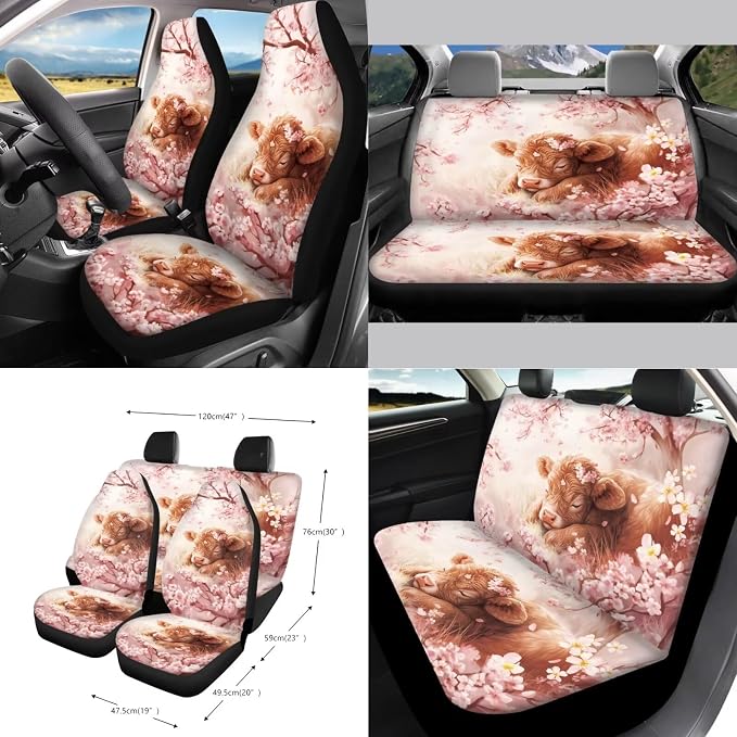 Highland Cattle Cherry Blossom Pattern Car Accessories Set of 15, Full Set Seat Covers Steering Wheel Cover Seat Belt Cushion Car Trash Can Air Vent Storage Bag Cup Coasters