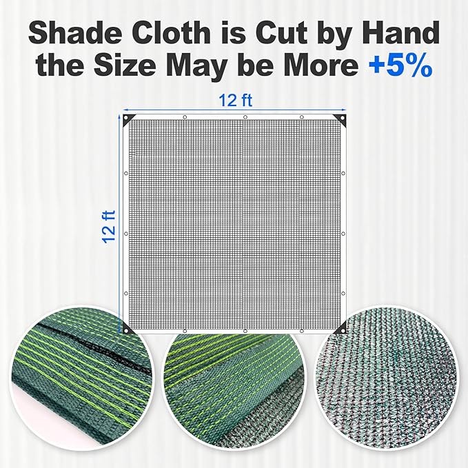 90% Blackish Green Shade Cloth, 12x12FT Resistant Garden Sun Shade Net, Durable Mesh Shade Tarp with Reinforced Grommets for Greenhouse, Plant, Chicken Coop, Pergola, Swimming, Canopy，Patio，Garden