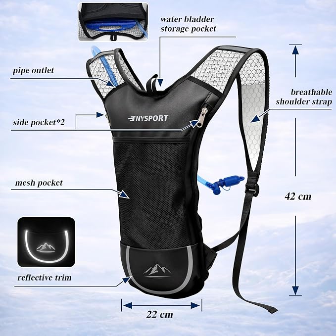2 Pack Hydration Backpack Pack with 2L Hydration Bladder, TNYSPORT Lightweight Breathable Water Backpack with 3 Layer Pockets, Reinforced Shoulder Straps for Hiking Running Cycling