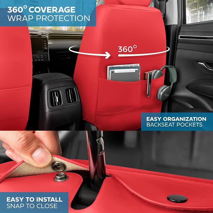 MotorBox Haven Series Napa Leather Seat Covers for Cars, Lux Edition Diamond Stitched Front Seat Covers, Premium PU Leatherette Red Car Seat Covers for Cars Trucks SUVs