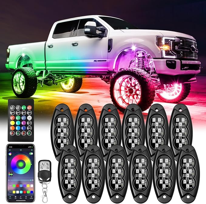 12 Pods LED Multi Chasing Color Rock Lights, APP/RF Control Waterproof Underglow Music Mode Off Road Exterior Kit with Brake Turn Signal for Trucks Jeep ATV UTV RV Boats