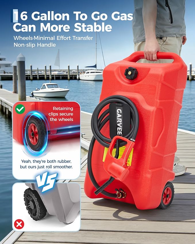 Garvee 16 Gallon Gas Can with Manual Pump, Fuel Tank Container with LE Fluid 10 FT Transfer Siphon Pump, Portable Diesel Gas Storage Caddy On Wheels for Car, ATV, Weeder, Boat, Tractor, Generator