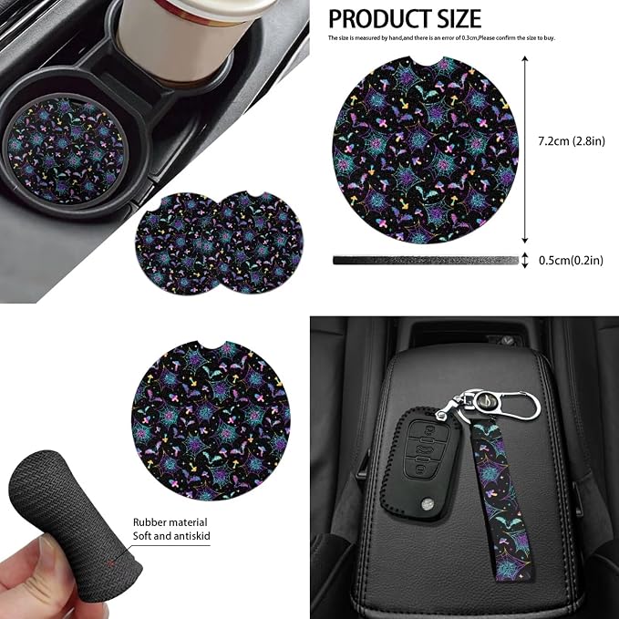 Halloween Galaxy Spider Web Car Seat Cover Full Sets Galaxy Bat Steering Wheel Cover Mushroom Coaster Seat Belt,Keyring,Auto Rear View Mirror Cover,14Pcs Halloween Car Interior Set for Women