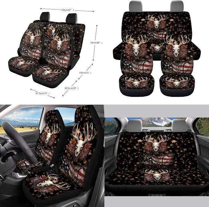 Deer American Flag Maple Leaf Pattern Auto Accessories Set of 10, Front and Rear Seat Covers Full Set, Steering Wheel Cover, Air Vent Storage Bag, Keychain, Car Trash Can, Cup Holders