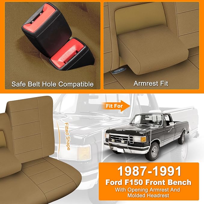 Truck Seat Cover Compatible with 1987-1991 Ford F150 Front Bench with Opening Armrest and Molded Headrest (Tan, 1987-1991 F150)