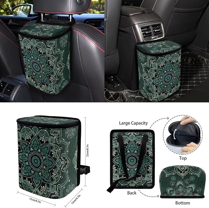 Green Mandala Floral Car Accessories Car Seats Cover Protector, Steering Wheel Covers, Seatbelt Cover, Car Trash Can, Cup Coasters, Rearview Mirror Cover, Keychains, Pack of 15