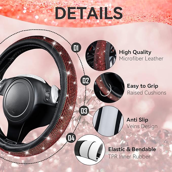 CAR PASS Diamond Bling Leather Seat Covers Set Car Floor Mats Glitter Rhinestone Steering Wheel and Car Interior Accessory Set for Women Red