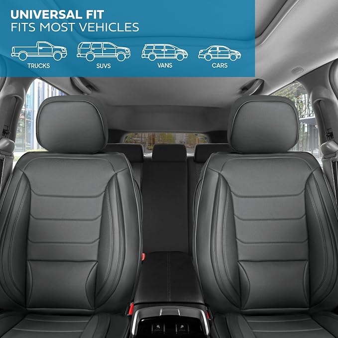 MotorBox Meridian Series Napa Leather Seat Covers for Cars, Classic Cushion Front Seat Covers, Premium PU Leatherette Gray Car Seat Covers with Classic Line Design, Cars Trucks SUVs