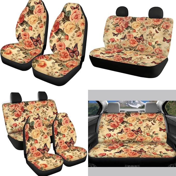 12 Pcs Rose Car Seat Covers - Full Set for Women with Vintage Rose Floral Butterfly Auto Seat Protection, Cute Floral Steering Wheel Cover, Keyring, Armrest Pads, Seatbelt Pads