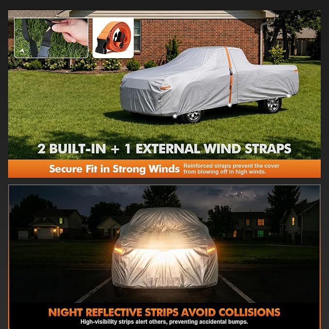 Car Cover Waterproof All-Weather,Heavy-Duty Outdoor Full Exterior Automobiles Snow Cover for Truck Cover with Camper Shell Topper 242-262 inch,with Windshield Sun Shade,Towel&Storage Bag