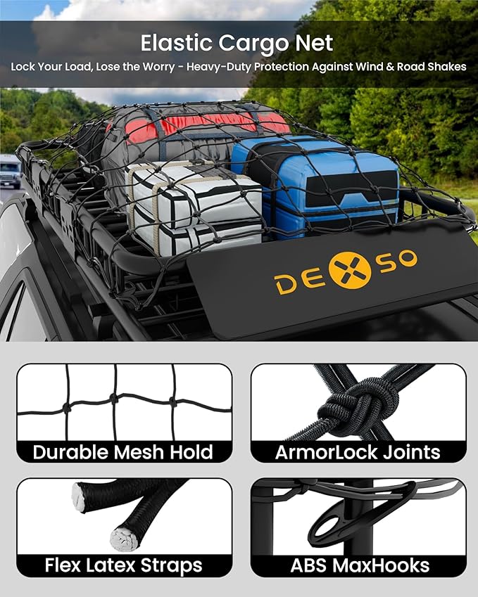 DEXSO 64" x 39" Universal Roof Rack Basket with Cargo Net, 200 Lbs Capacity Rooftop Cargo Carrier Basket with Extension Heavy Duty Luggage Holder Rack for SUVs, Trucks, Vehicles