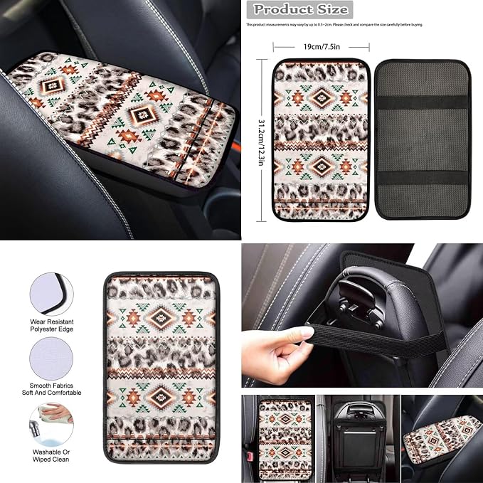 Wanyint 12 PCS Car Seat Cover Set for Women, with Non-Slip Steering Wheel Seatbelt Strap Shoulder Armrest Pad Handbrake Gear Shift Knob Cover Coasters, Aztec Navajo Leopard Print
