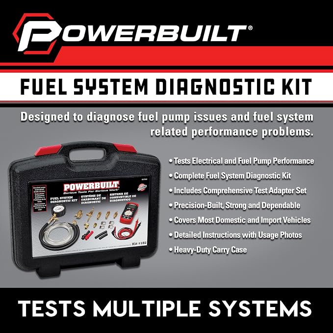 Powerbuilt Fuel System Diagnostic Kit, Pressure Test Gauge, Electrical System Issues, Adapters, Test Leads, Multimeter, Storage Case - 647959