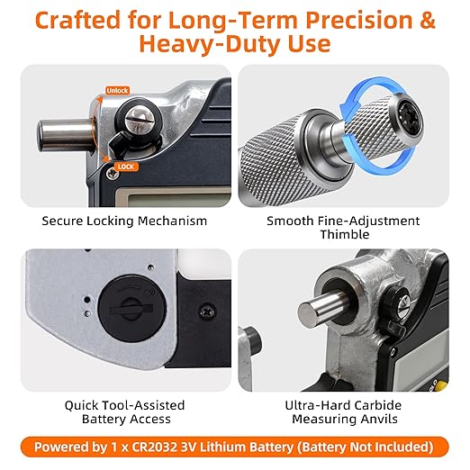 0-1 Professional Digital Micrometer，0.00005" /0.001mm Resolution，Digital Outside Micrometer with Carbide Tip 0-1" Range with Ratchet Stop, Precision Machinist Workshop Automotive Tools
