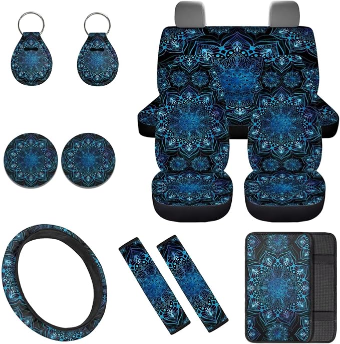 Blue Mandala Car Seat Covers Full Set 12 Pack Steering Wheel Cover Center Console Cover Cars Coasters Car Seat Belt Cover Universal Fit Automotive Most Cars