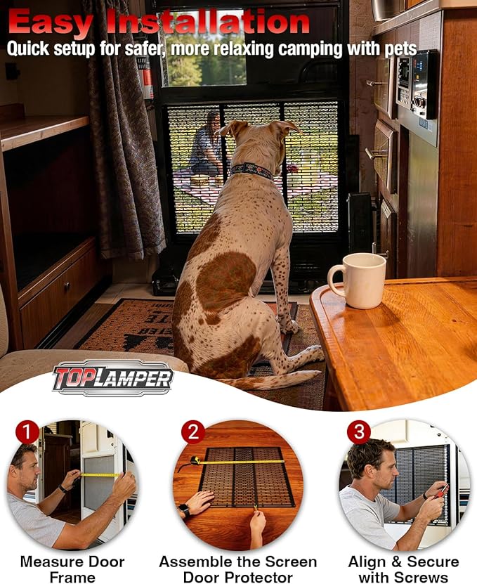 RV Screen Door Protector Heavy Duty Camper Screen Door Guard w/Screw Mount Powder-Coated Pet-Resistant Mesh Prevents Dogs Scratching, Screen Protector for RV Entry Doors (Patent Design)