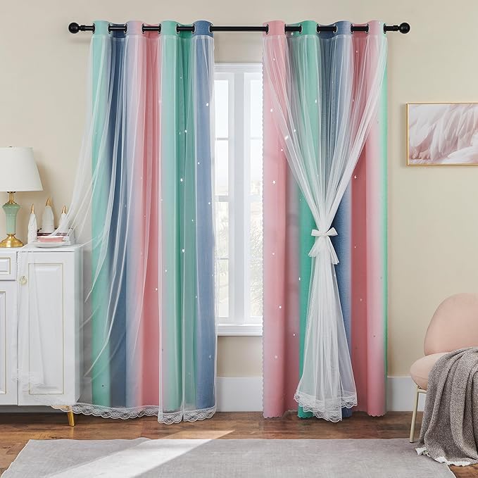 XiDi Purple Grey Green 90 Inches Blackout Curtains for Girls Bedroom 2 Panels Set, Rainbow Curtains for Kids Room Decor, Unicorn Wall Decals Grommet Drapes for Little Girl Nursery Room 34 Inches Wide