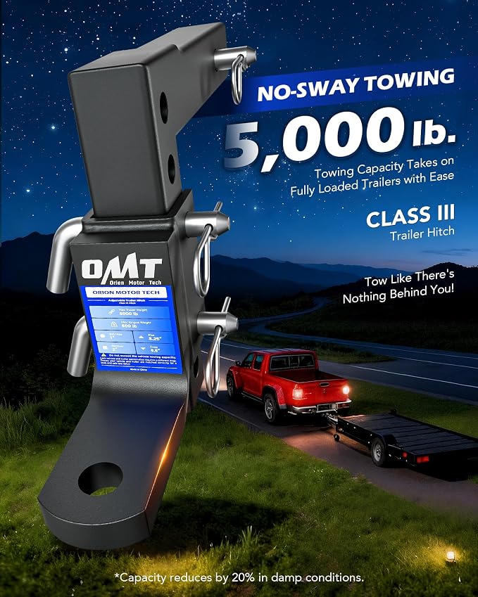 Orion Motor Tech Adjustable Trailer Hitch Ball Mount, 8-Position Tow Hitch for 2" Receiver with 1" Ball Hole 9-1/2" Drop 8-1/4" Rise 5000 lb Capacity, Heavy-Duty Ball Hitch for Truck Boat RV Cargo