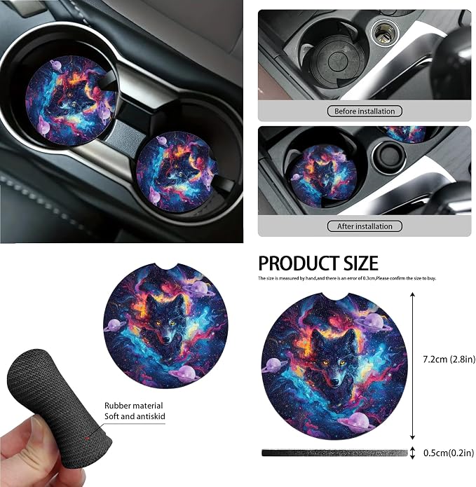 Galaxy Wolf Print Car Front Back Seat Cover Set of 15 Steering Wheel Covers Seatbelt Strap Pad Garbage Cans Air Vent Storage Holder Rear View Mirror Cover Cup Holder Key Chain