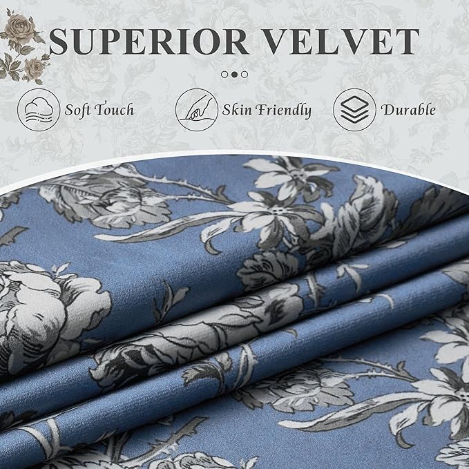 StangH Vintage Floral Velvet Curtains for Living Room, Slate Blue Printed Bedroom Drapes with Rose Pattern Victorian Energy Efficient Privacy Panels for Home Office, W52 x L84, 2 Panels