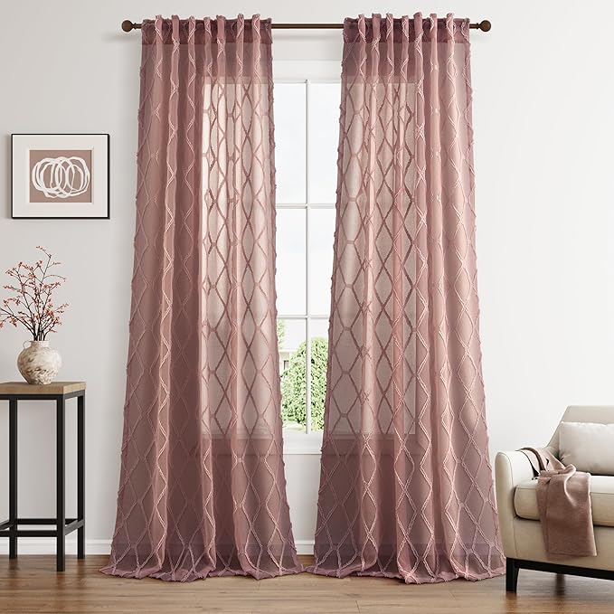 Extra Long Canyon Rose Sheer Curtains 102 Inch Length for Living Room 2 Panels Back Tab Pocket Boho Farmhouse Drapes Light Filtering Privacy Embroiderd Textured Rustic Curtain for Bedroom 52x102