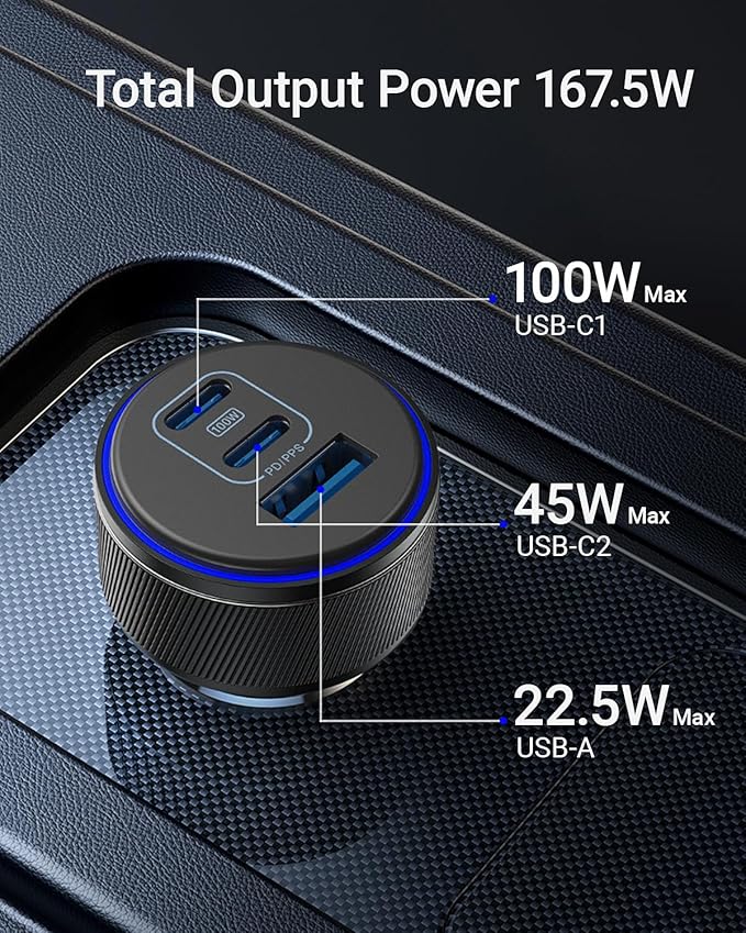 USB-C Car Charger for iPhone 17, 167.5W Max 3-Port Type-C Fast Charging Cigarette Lighter,Charger Adapter for iPhone 17/16/15/14/13,Samsung S24/S23/S22,Pixel,iPad Air,AirPods,Android