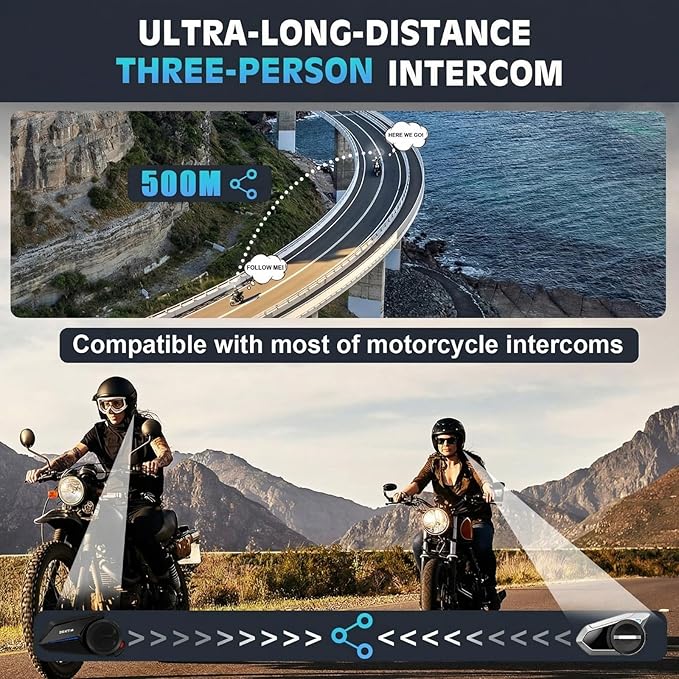Motorcycle Helmet Headset 3 Riders Communication System S2 Intercom with Music Sharing/HiFi Sound/3 EQ Music Modes/DSP&CVC Noise Cancellation/IP67/FM Radio - S2-Black 2 Pack