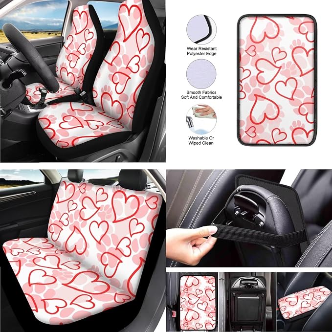 13 Pack Love Heart Dog Paw Car Seat Covers, Heart Shape Cat Paws Steering Wheel Cover Seat Belt Pads, Kitten Puppy Footprint Auto Front and Rear Bench Seat Protector