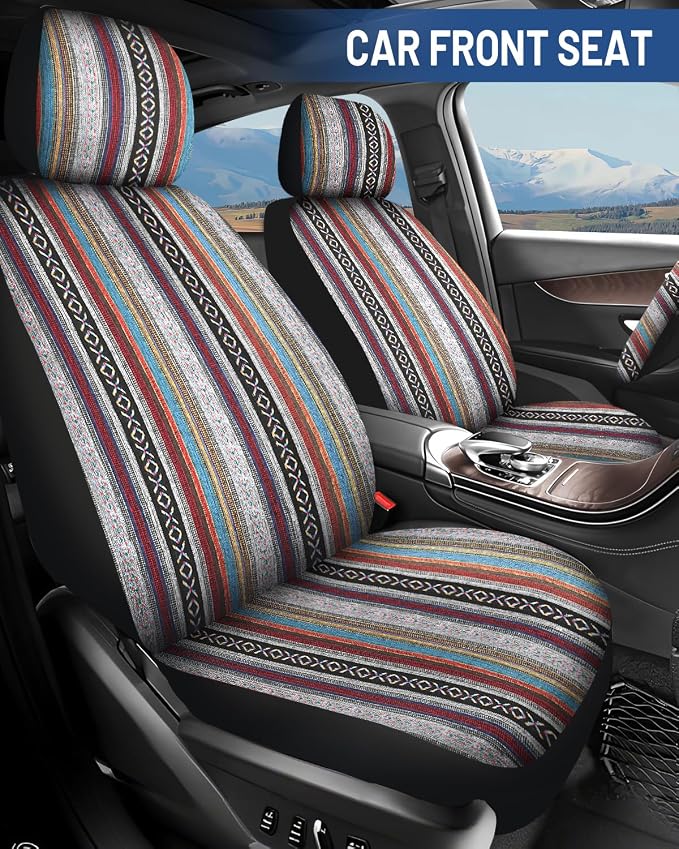 Baja Saddle Blanket Car Seat Covers Full Set with Seat Belt Pads and Steering Wheel Cover, Washable Breathable Striped Woven Cloth Seat Covers for Cars, SUV, Truck, Large Size(Red)
