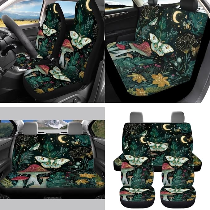 Moon Mushroom Moth Car Seat Covers Full Set for Women Cute Car Accessories Interior Car Steering Wheel Cover Seatbelt Covers Trash Bin Rear View Mirror Cover Cup Holders Keychain